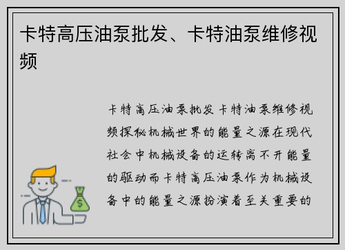 卡特高压油泵批发、卡特油泵维修视频